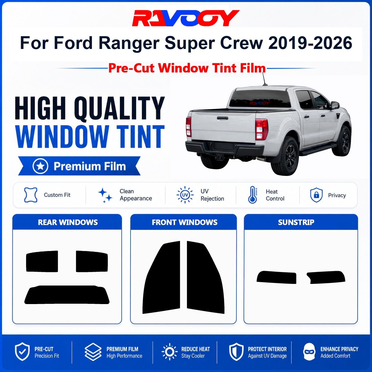 Privacy Screen Protector - フォード・レンジャー・スーパークルー2019-2026用プレミアムプレカットウィンドウティント フロント＆リアウィンドウUV遮熱プライバシーフィルム