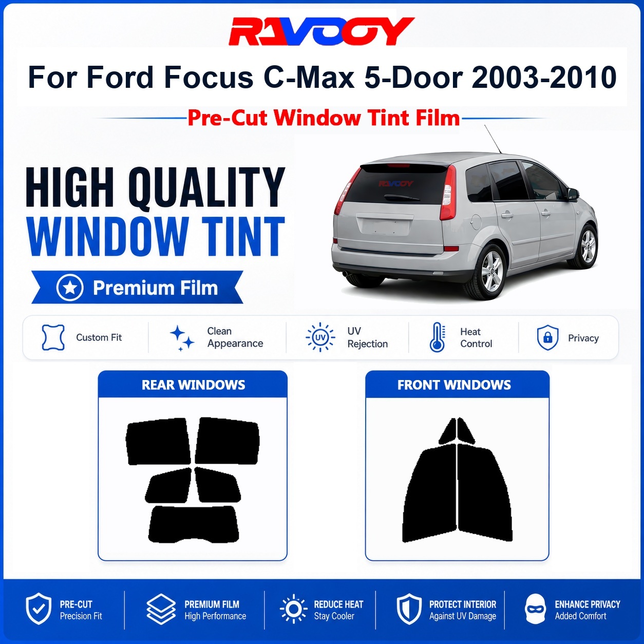 Privacy Screen Protector - フォード フォーカス C-Max 5ドア 2003-2010 フロント＆リアウィンドウ用プレミアムプレカットウィンドウティント