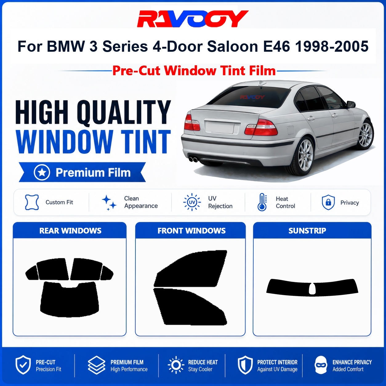 Privacy Screen Protector - BMW 3シリーズ 4ドアセダン E46 (1998-2005)用プレミアムプレカットウィンドウティント フロント＆リアウィンドウ